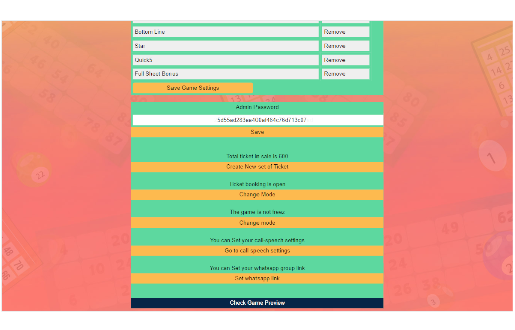 Tambola Housie Game Admin Panel Game Settings page UI