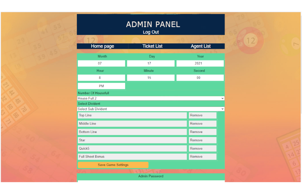 Tambola Housie Game Admin Panel Ticket Dashboard page UI