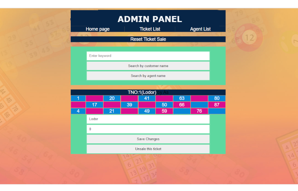 Tambola Housie Game Admin Panel Ticket Search page UI