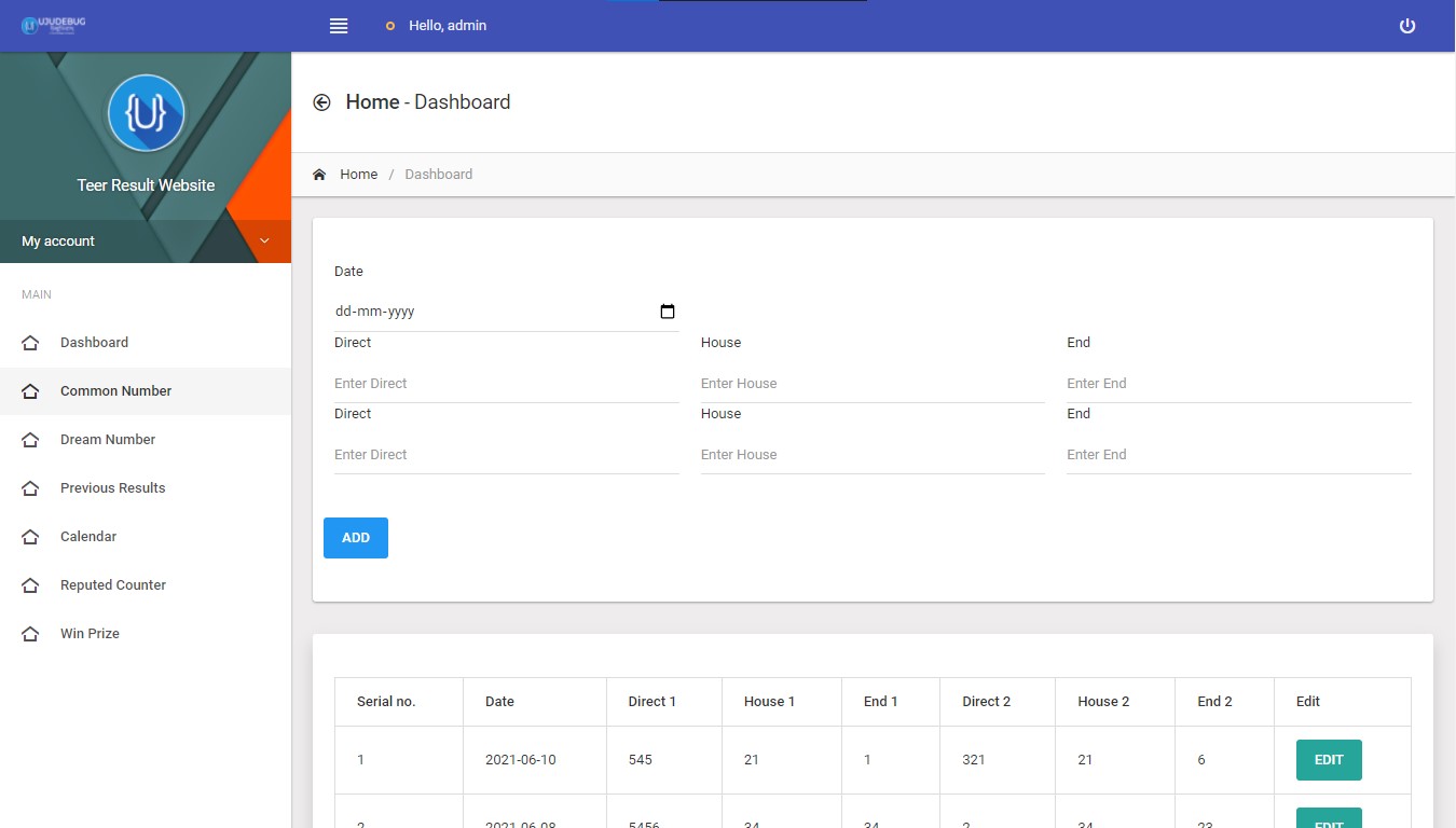 Teer Result Admin Panel Common Number Entry page UI