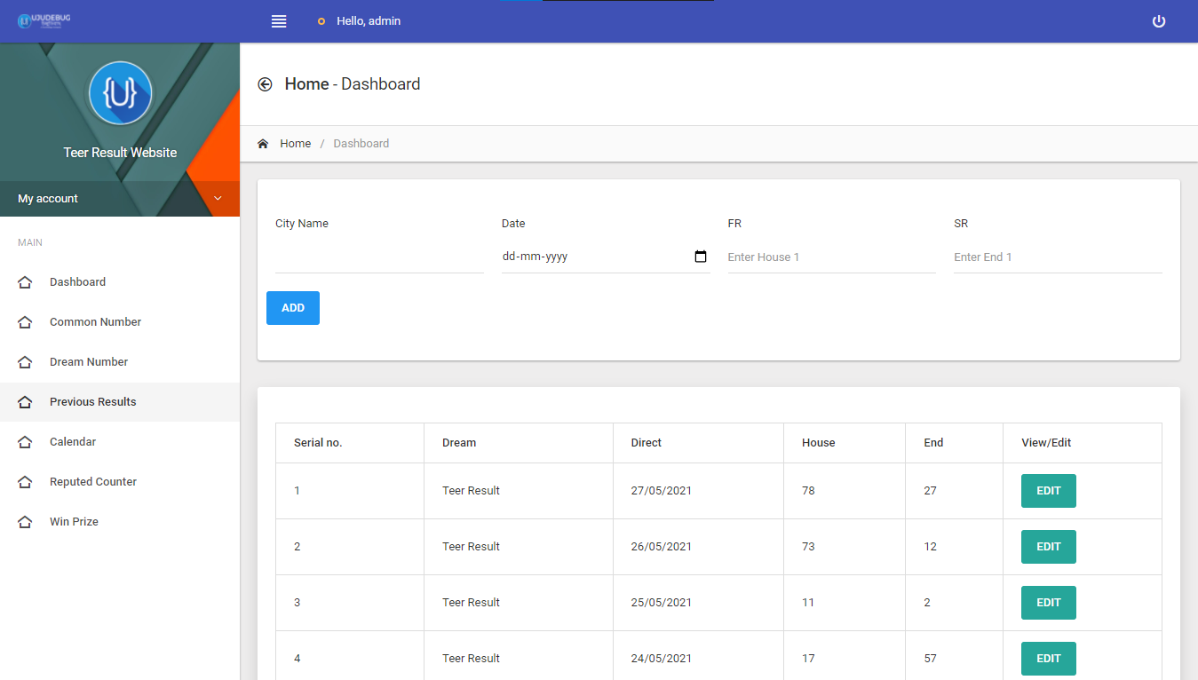 Teer Result Admin Panel Previous Results page UI