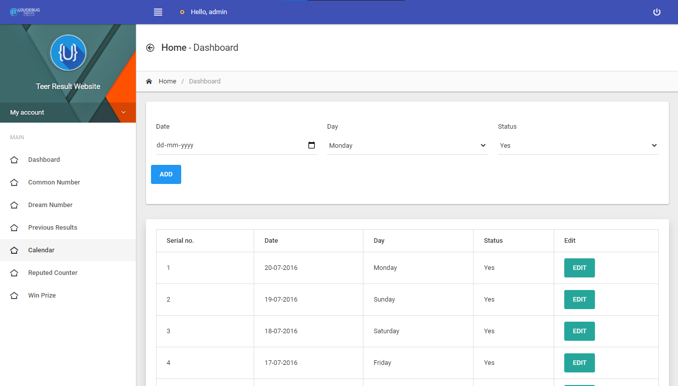 Teer Result Admin Panel Calendar page UI