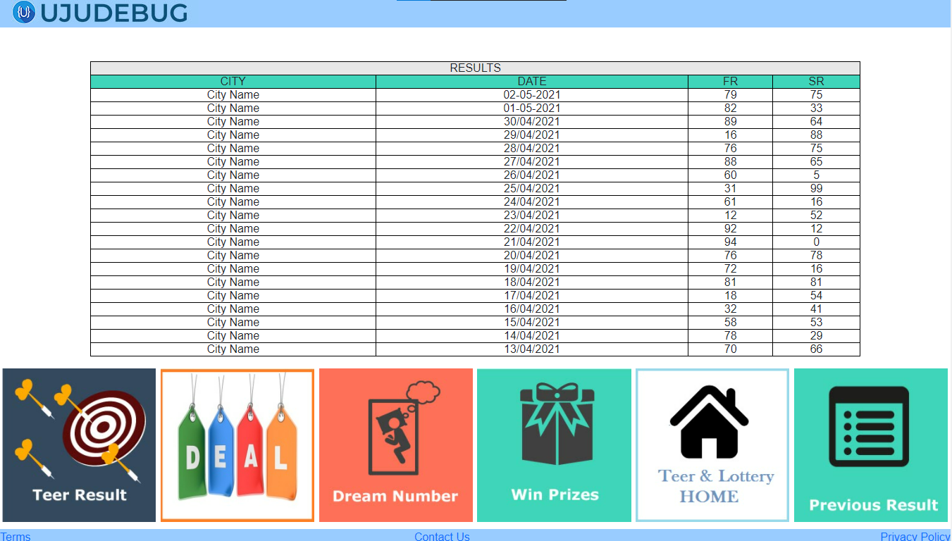 Teer Result Website Result page Desktop UI