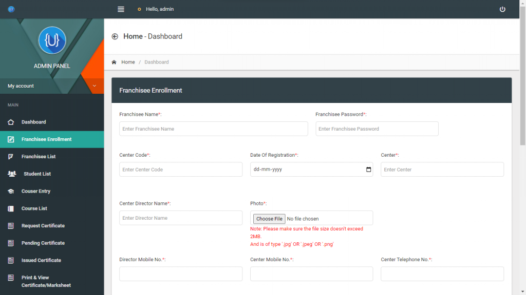 IT-MAX Admin Panel Franchisee Entry UI