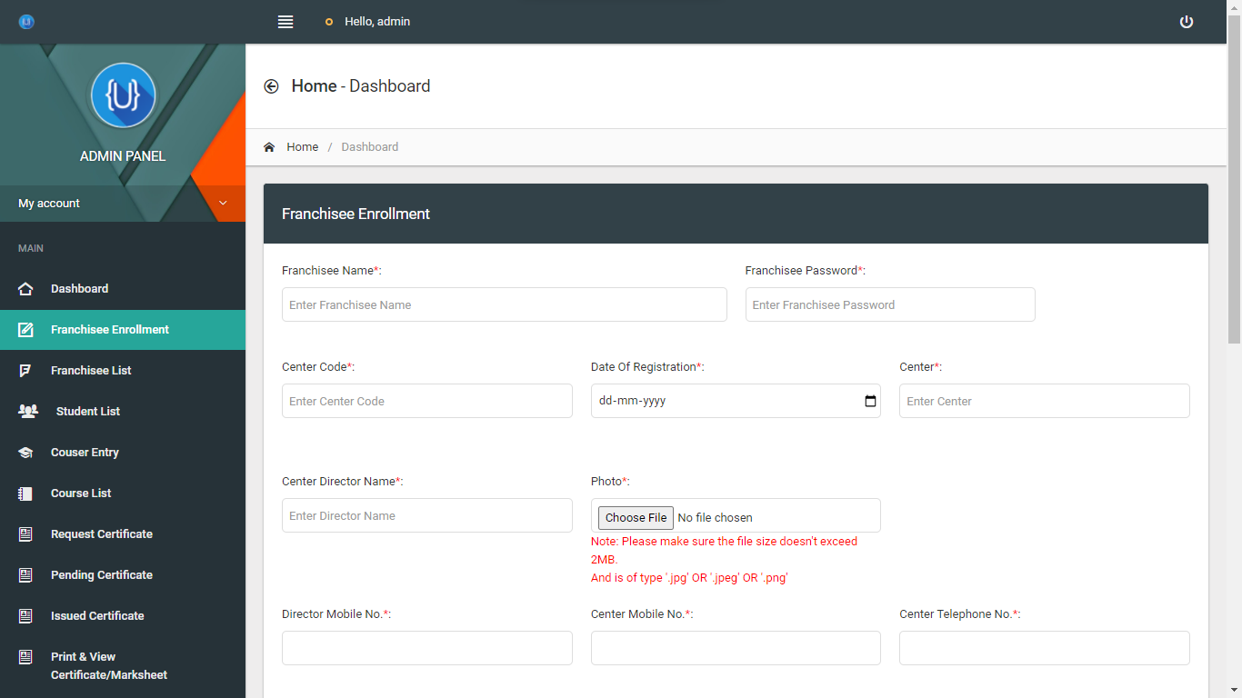 IT-MAX Admin Panel Franchisee Entry UI