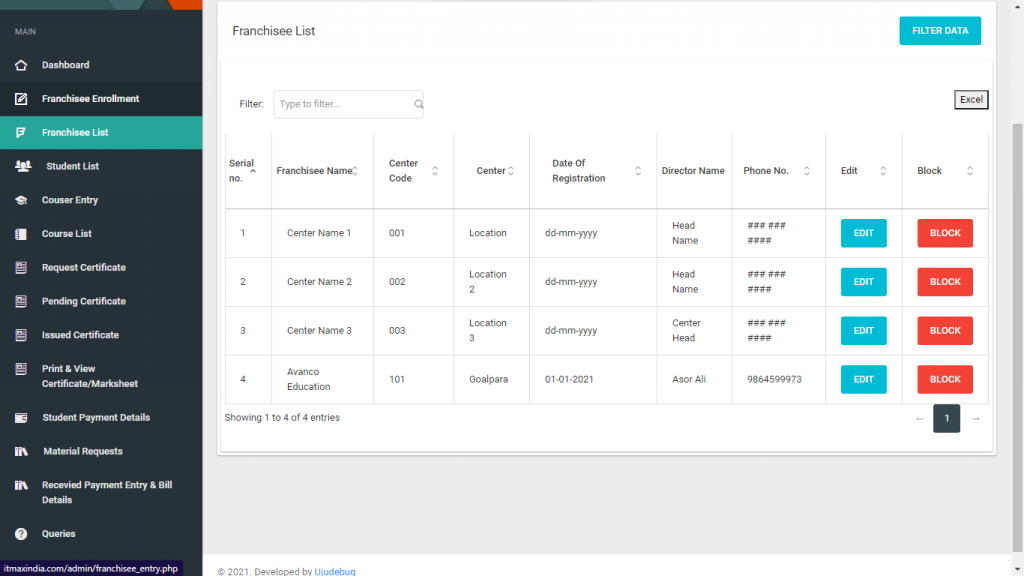 IT-MAX Admin Panel Franchisee List U