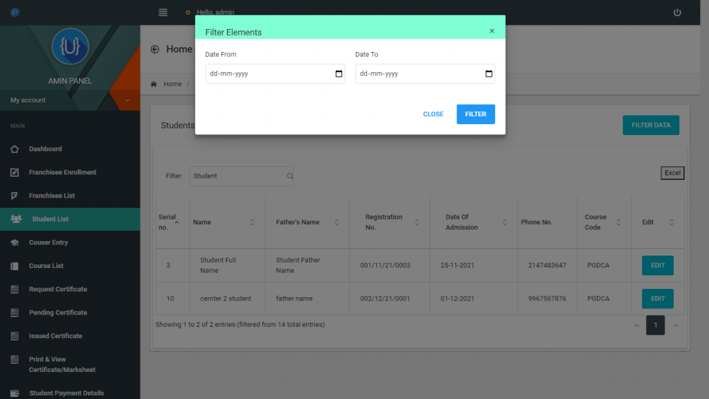 IT-MAX Admin Panel Date Filter UI