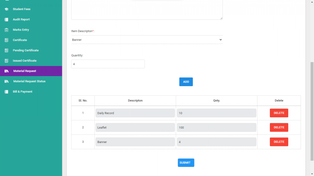 IT-MAX Admin Panel Material Entry