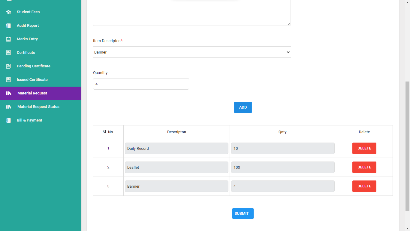 IT-MAX Admin Panel Material Entry