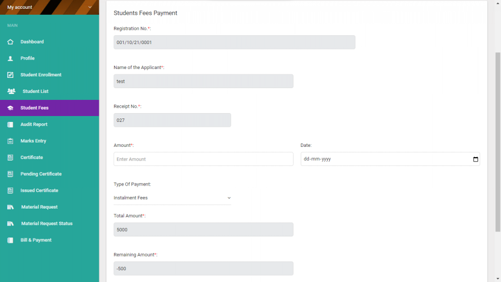 IT-MAX Admin Panel Student Fees Payment UI