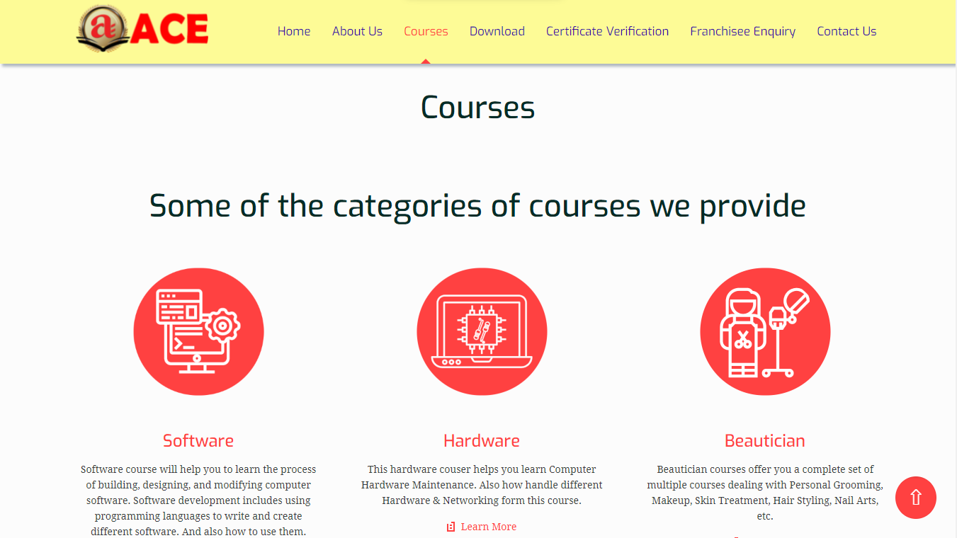 ACE Website Courses Page UI