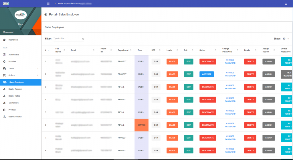 DynaRoof ERP System Sales Employee List