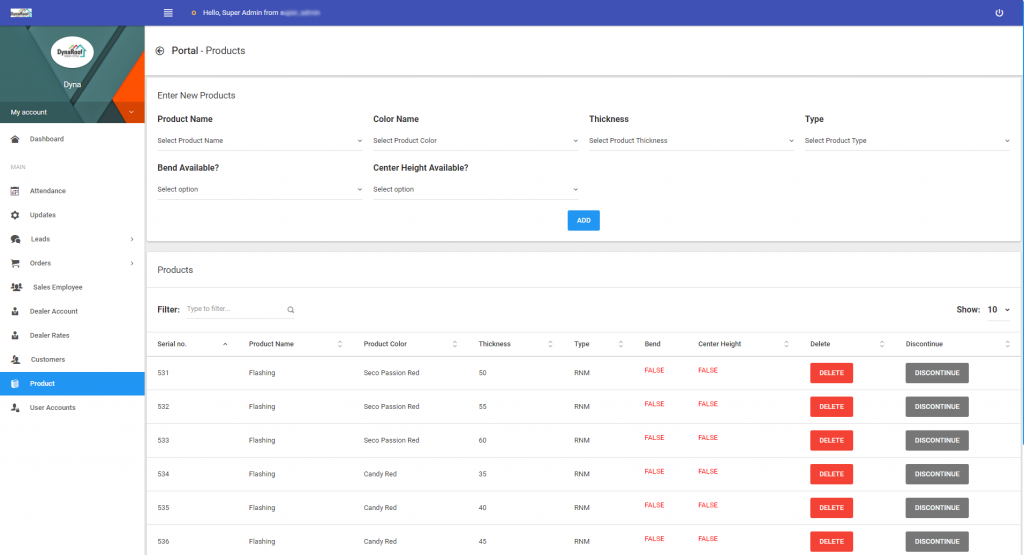 DynaRoof ERP System Add Products