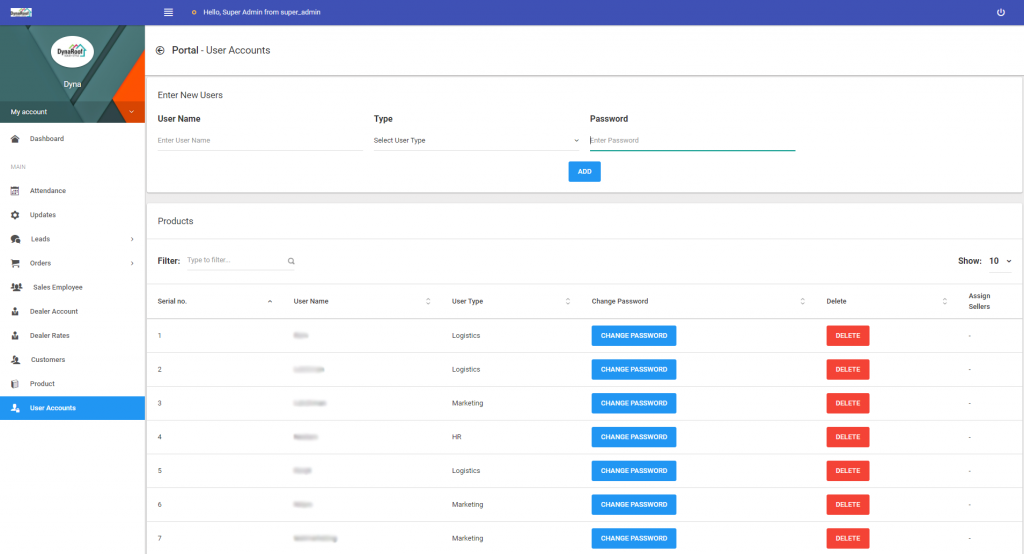 DynaRoof ERP System User Accounts