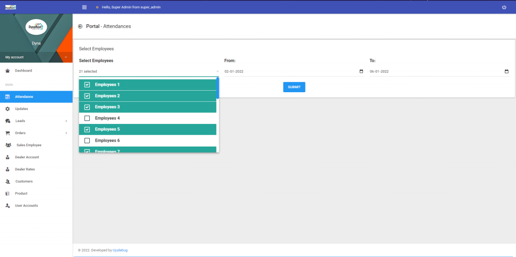 DynaRoof ERP System Attendances Filter