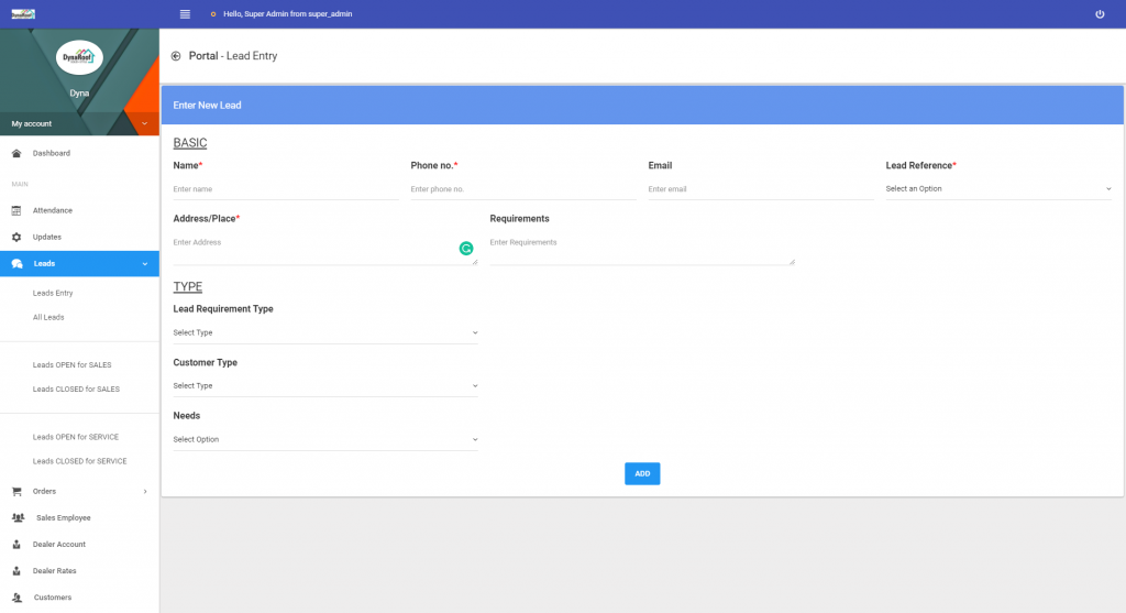 DynaRoof ERP System Lead Entry