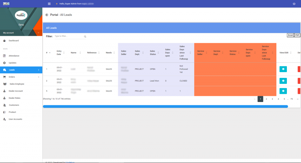 DynaRoof ERP System All Leads List