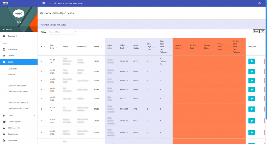 DynaRoof ERP System Leads List