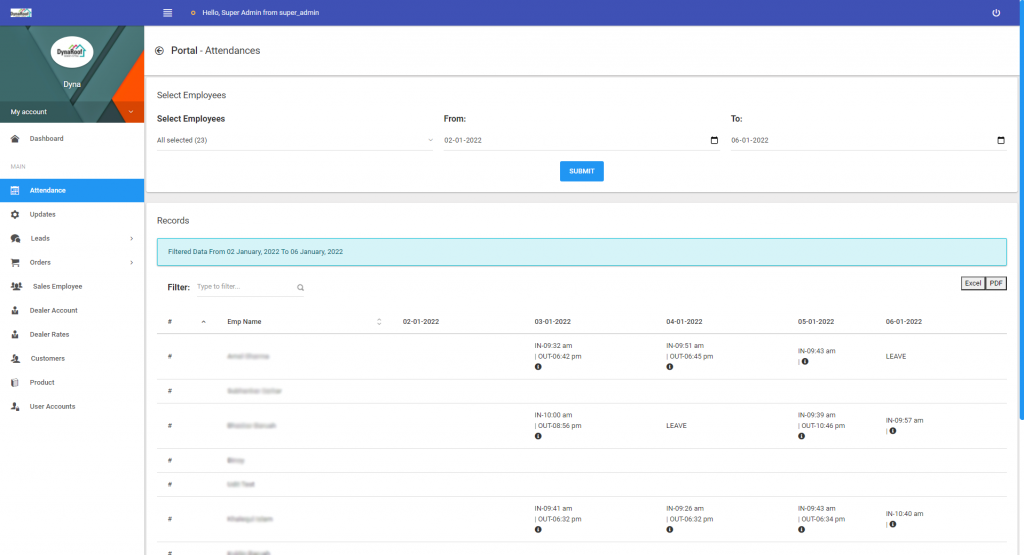 DynaRoof ERP System Attendance List