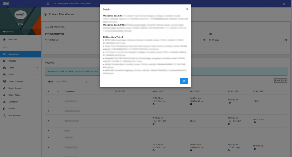 DynaRoof ERP System Attendance details LightBox