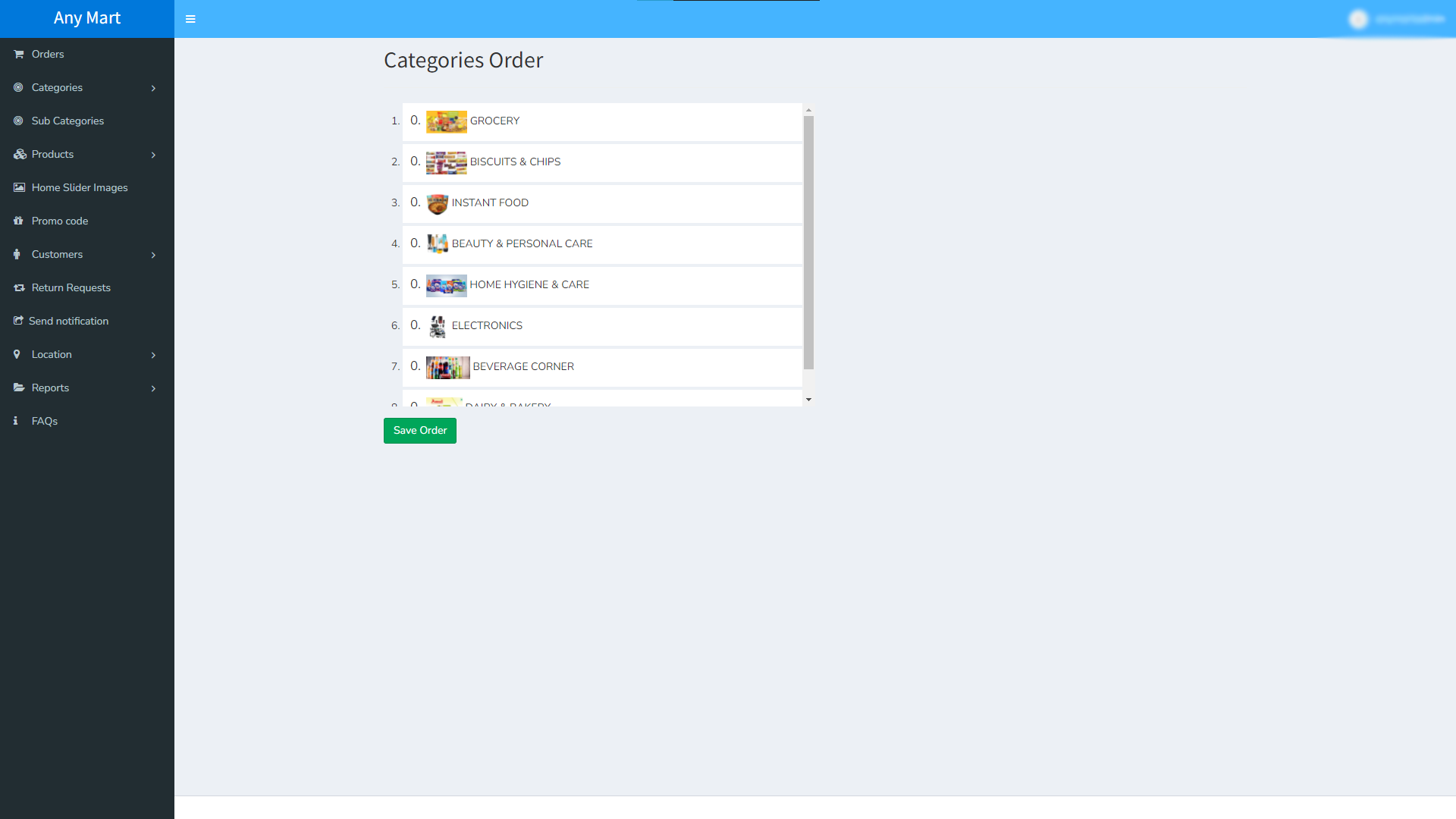 Any Mart Admin Panel Categories view Order list