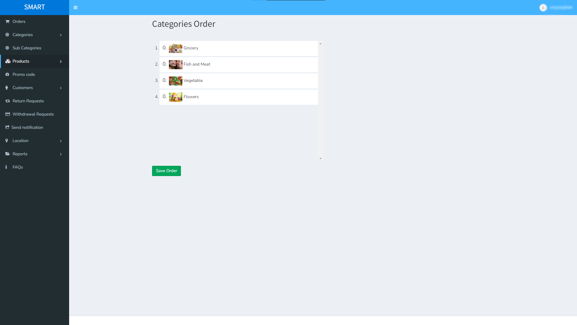 Smart App admin panel categories order list