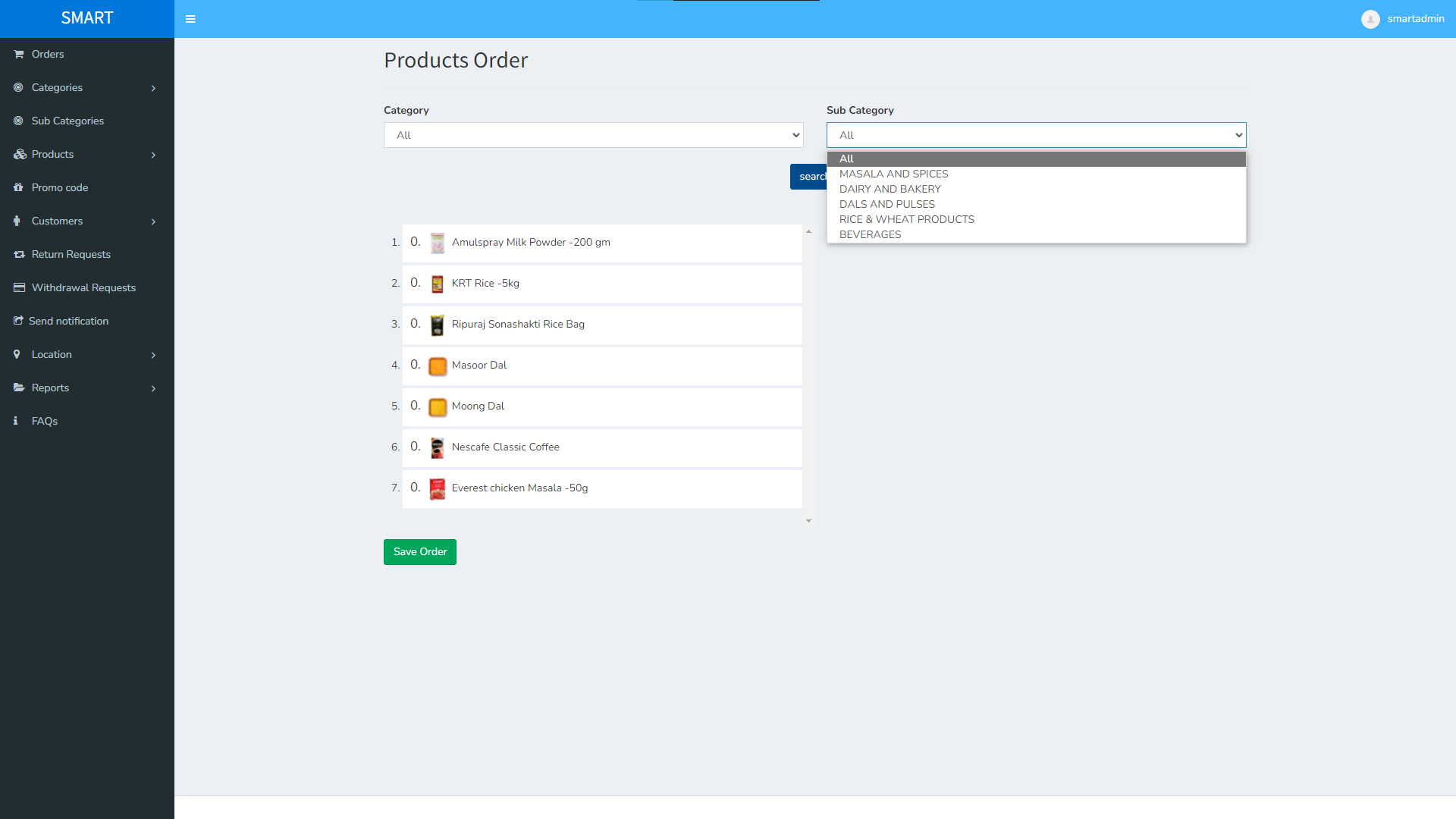 Smart App admin panel Product Order